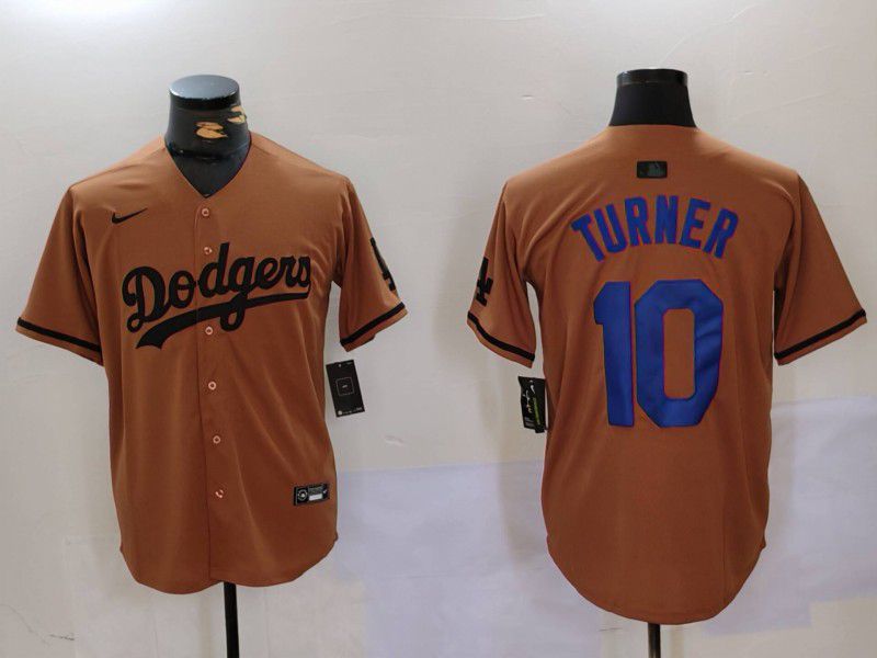 Men Los Angeles Dodgers 10 Turner army green joint name 2024 Nike MLB Jersey style 3